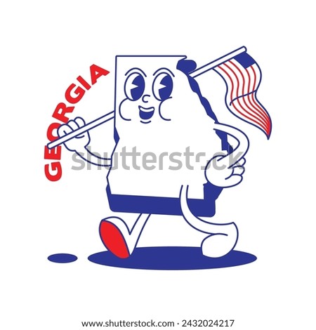 Georgia State retro mascot with hand and foot clip art. USA Map Retro cartoon stickers with funny comic characters and gloved hands. Vector template for website, design, cover, infographics.