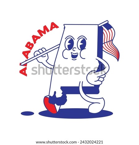 Alabama State retro mascot with hand and foot clip art. USA Map Retro cartoon stickers with funny comic characters and gloved hands. Vector template for website, design, cover, infographics.