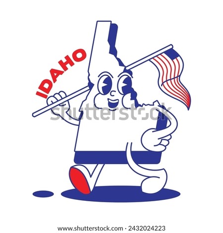 Idaho State retro mascot with hand and foot clip art. USA Map Retro cartoon stickers with funny comic characters and gloved hands. Vector template for website, design, cover, infographics.
