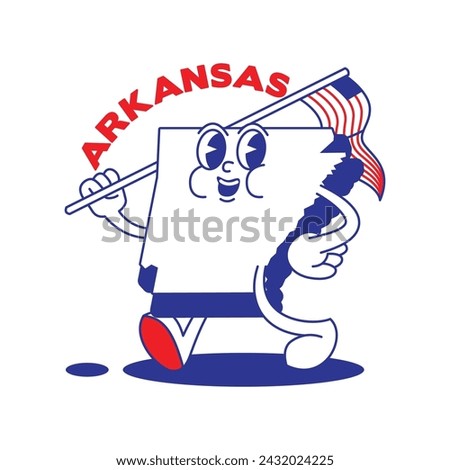 Arkansas State retro mascot with hand and foot clip art. USA Map Retro cartoon stickers with funny comic characters and gloved hands. Vector template for website, design, cover, infographics.