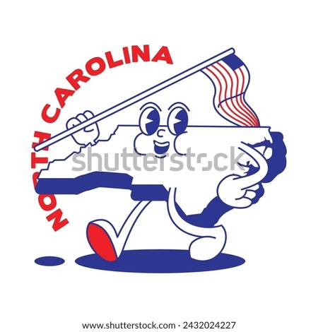 North Carolina State retro mascot with hand and foot clip art. USA Map Retro cartoon stickers with funny comic characters and gloved hands. Vector template for website, design, cover, infographics.