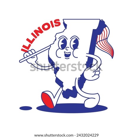 Illinois State retro mascot with hand and foot clip art. USA Map Retro cartoon stickers with funny comic characters and gloved hands. Vector template for website, design, cover, infographics.