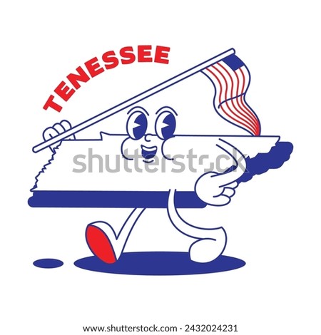 Tennessee State retro mascot with hand and foot clip art. USA Map Retro cartoon stickers with funny comic characters and gloved hands. Vector template for website, design, cover, infographics.