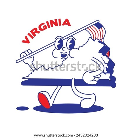 Virginia State retro mascot with hand and foot clip art. USA Map Retro cartoon stickers with funny comic characters and gloved hands. Vector template for website, design, cover, infographics.