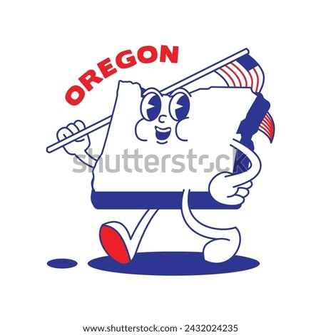 Oregon State retro mascot with hand and foot clip art. USA Map Retro cartoon stickers with funny comic characters and gloved hands. Vector template for website, design, cover, infographics.