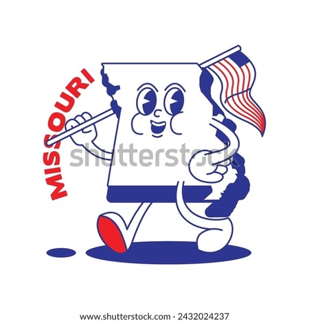 Missouri State retro mascot with hand and foot clip art. USA Map Retro cartoon stickers with funny comic characters and gloved hands. Vector template for website, design, cover, infographics.