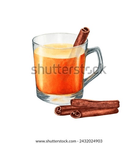 A cup of tee with rolled strip of cinnamon composition. Hand drawn watercolor food illustration isolated on white background. For clip art, cards, menu, label, package
