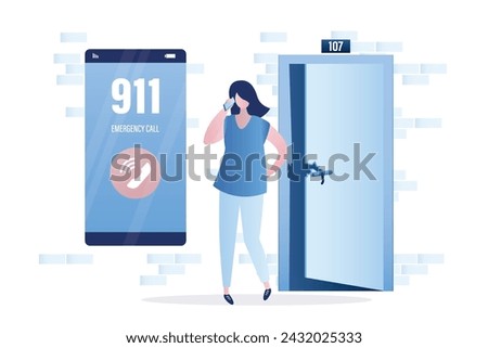 Female character call in emergency service. Door to apartment with broken lock. Owner standing near robbed apartment. 911 call on mobile phone screen. Help 24 hours. Accident. Flat vector illustration