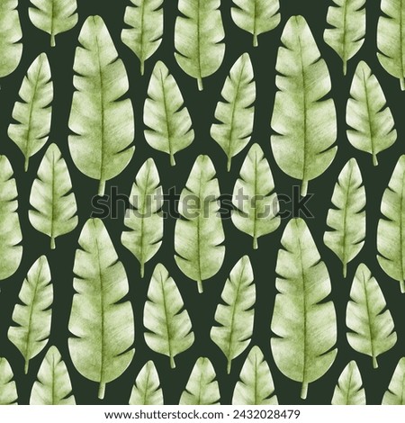 Green palm leaves in baby style. Tropical botanical background. Watercolor seamless pattern for design goods, cards, postcards, fabric, scrapbooking, office supplies