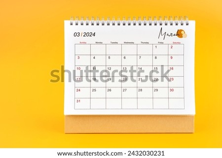March 2024, Monthly desk calendar for 2024 year on yellow color background.