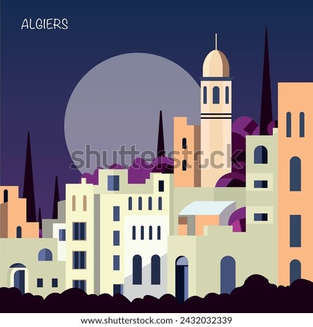 Algiers retro city poster with abstract shapes of skyline, buildings at night. Vintage Algeria capital travel vector illustration of coastline Royalty-Free Stock Photo #2432032339