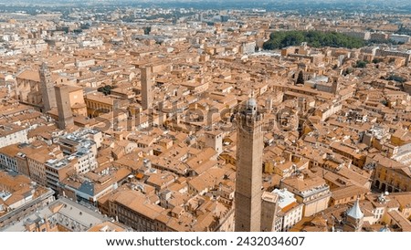 Bologna, Italy. Old Town. Two Towers. (Le due Torri) Garisenda and degli Asinelli. Towers from the 12th century. Summer, Aerial View  