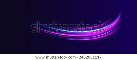 Vector dark blue abstract background with ultraviolet neon glow, blurry light lines, waves. High speed effect motion blur night lights blue and red. Magic shining neon light line trails.	