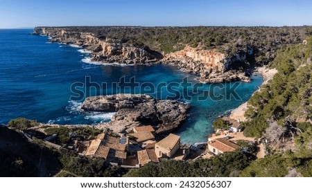 S Almonia cove and southern cliffs -Migjorn cliffs-, Santanyi, Mallorca, Balearic Islands, Spain