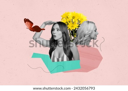 Creative collage picture of two young ladies looking at flying butterfly spring holiday international women day isolated on pink background