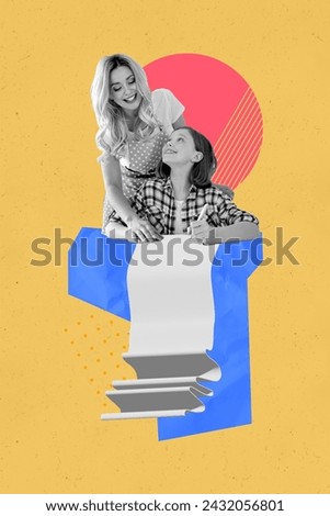 Cartoon comics sketch collage picture of happy smiling mum daughter enjoying homeschooling isolated yellow color background