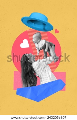 Portrait attractive careful mommy collage memories picture of cute family relations mother raised newborn daughter over yellow background