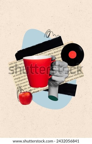 Vertical collage picture of black white colors hand hold coffee mug piece book page text fresh apple vinyl record isolated on beige background