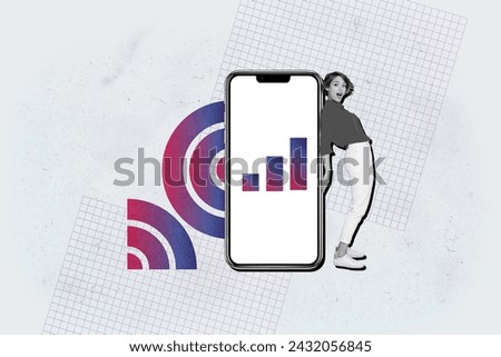 Composite graphics collage image of young surprised beautiful girl lean on iphone mobile connection wifi icon high speed 5g isolated on white color background