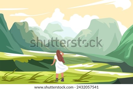 Female personage looking at mountains landscape, enjoying nature and peaks covered with snow. Rocky and cliffy range and meadow with grass. Traveling or trekking, mountaineering. Vector in flat style