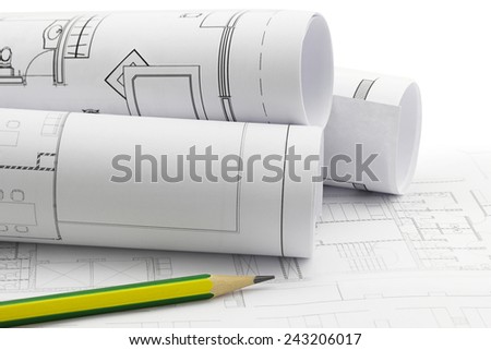 Architect rolls and plans, construction plan drawing and pencil work tool