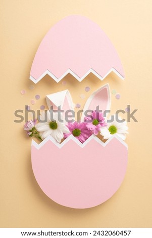 Say hello to our posh Easter design. Vertical top view photo of colorful chrysanthemums, confetti and bunny ears visible from a pink eggshell on soft yellow setting, with space for your text or advert