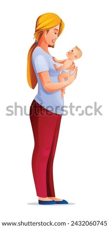 Mother holding baby son in arms. Vector cartoon illustration