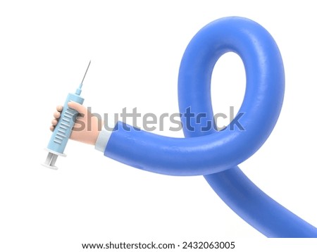 3d render. Doctor cartoon hand holding big syringe with vaccine against virus. Medical healthcare illustration. Pharmaceutical clip art.3D rendering on white background.long arms concept.
