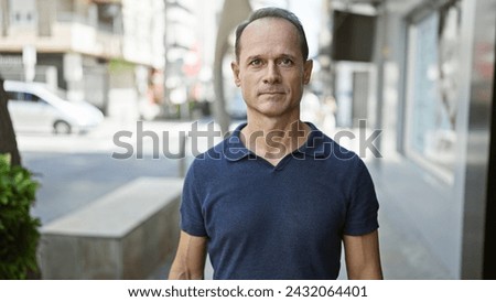 Hispanic middle age man standing coolly, a serious expression etched on his face, under the bright sunlight of an urban city street Royalty-Free Stock Photo #2432064401