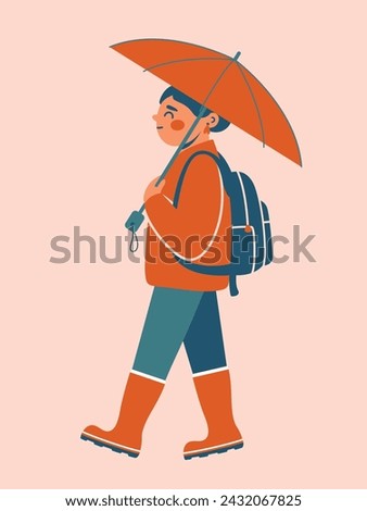 Cute teenage girl is walking in coat with umbrella, backpack. Illustration with school girl. Kawaii clip art with cartoon female character. World Children's Day. Girl power. Flat Design. Leisure time.
