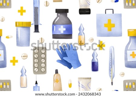 Seamless pattern with medical devices. First aid kit. Simple background for hospitals and pharmacies. Hand-drawn pattern
