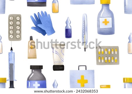 Seamless pattern with a set of medical devices, syringes and pills. Jars with medicines and ampoules with syringes. Medical background. First aid kit. Hand drawn isolated background
