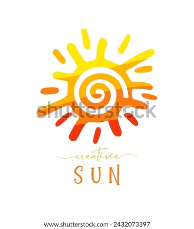 Sun logo concept. Isolated sign. Cute icon. Spring or summer holidays symbol. Creative style. Red, yellow and orange colors. Waving texture with vector clipping mask. Sun and rays. Positive idea.