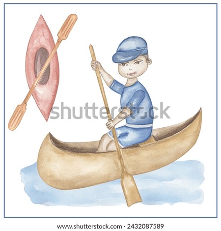 Watercolor Oarsman clipart, hand drawn illustration. Oarsman clip art, kids school card clip art, educational, cute children graphics with professions.