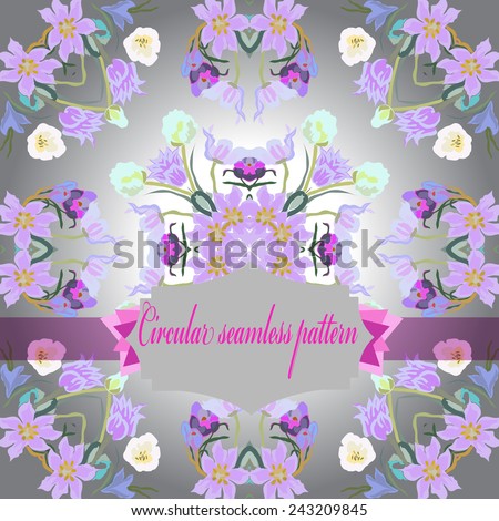 Circular seamless pattern of colored tulips, crocuses , floral motifs, label, text  on a gradient background. Hand drawn. 