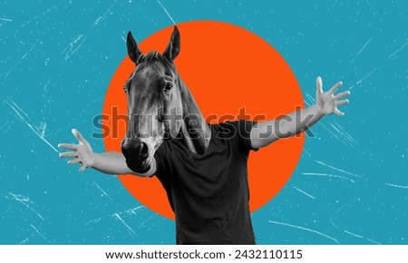 Art collage, man with horse head wants to hug on blue background with space for text. Concept of love and romance.