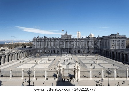 View of the South façade of the Royal Palace of Madrid, from the the Cathedral of 'La Almudena'