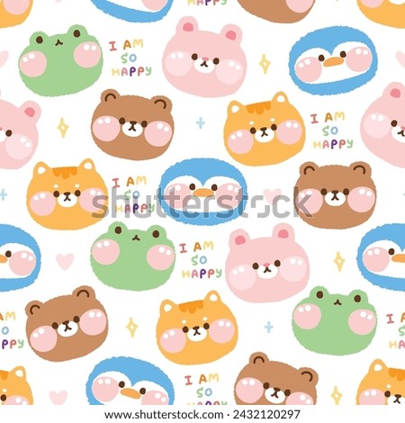 Seamless pattern of cute face animals with heart and text on white background.Bear,penguin,rabbit,frog,cat hand drawn cartooon.Baby clothing.Kawaii.Vector.Illustratin. Royalty-Free Stock Photo #2432120297
