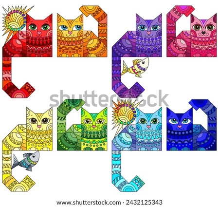 Set of stained glass illustration with bright geometric cats isolated on a white background