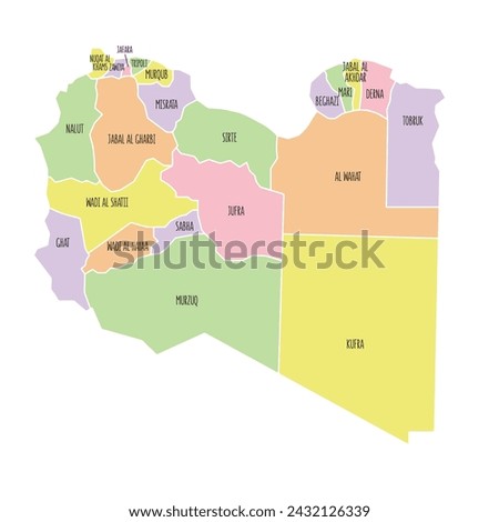 Libya political map with region names. Low detailed. Solid simple. Pastel colours. Vector editable