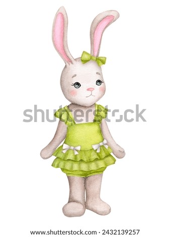 Cute bunny girl in a dress. Children's illustration. Hand drawn watercolor. Baby shower, birthday, children's party. Design element for invitations, cards, greeting cards, logos, stationery, etc.
