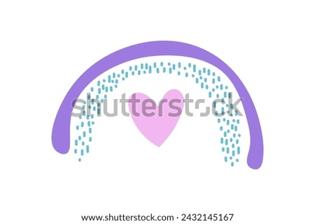 Doodles child naive pink rainbow with hearts, strokes, vector illustration on white background