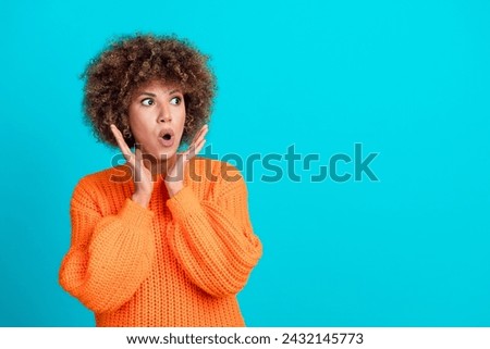 Photo of impressed astonished woman wear trendy clothes unexpected unbelievable reaction empty space isolated on blue color background Royalty-Free Stock Photo #2432145773