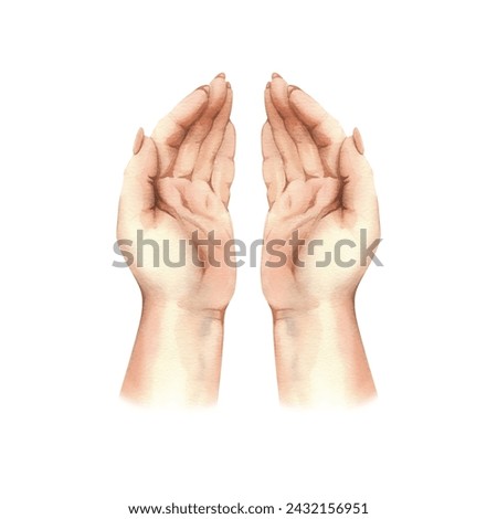 Hands of a white woman, palms top view, handful with long nails of neutral, natural skin color. Hand drawn watercolor illustration. Elements isolated from background.