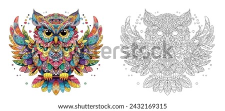 Owl in mandala style for coloring book, vector illustrations for adults. Anti-stress coloring for adults. Owl in two versions, colored and black and white lines.