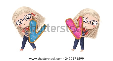 Cute little girl with chocolate donut- letter V. Tasty set on white background. Learn alphabet clip art collection