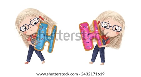 Cute little girl with chocolate donut- letter H. Tasty set on white background. Learn alphabet clip art collection