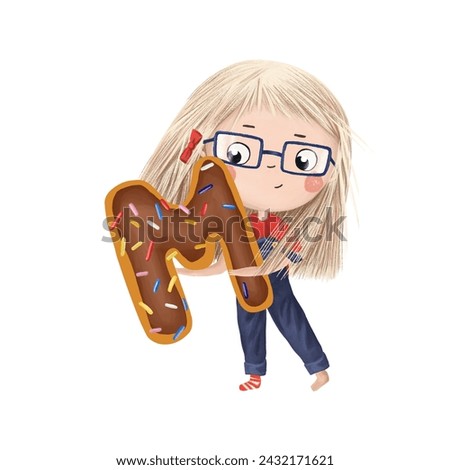 Cute little girl with chocolate donut- letter M on white background. Learn alphabet clip art collection