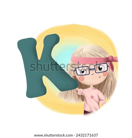 Cute little girl with letter K. Colorful cartoon graphics. Learn alphabet clip art collection on white background
