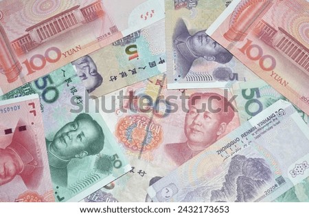 variety value of yuan Chinese  banknote arranging on white background 